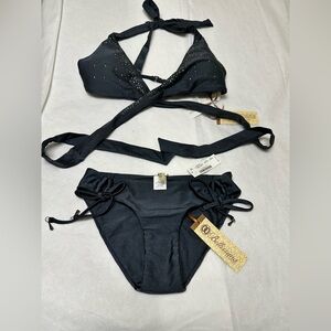🦋NWT;Bellisima Swimwear Wrap Halter Black Pearl  Swarovski bikini 🩵